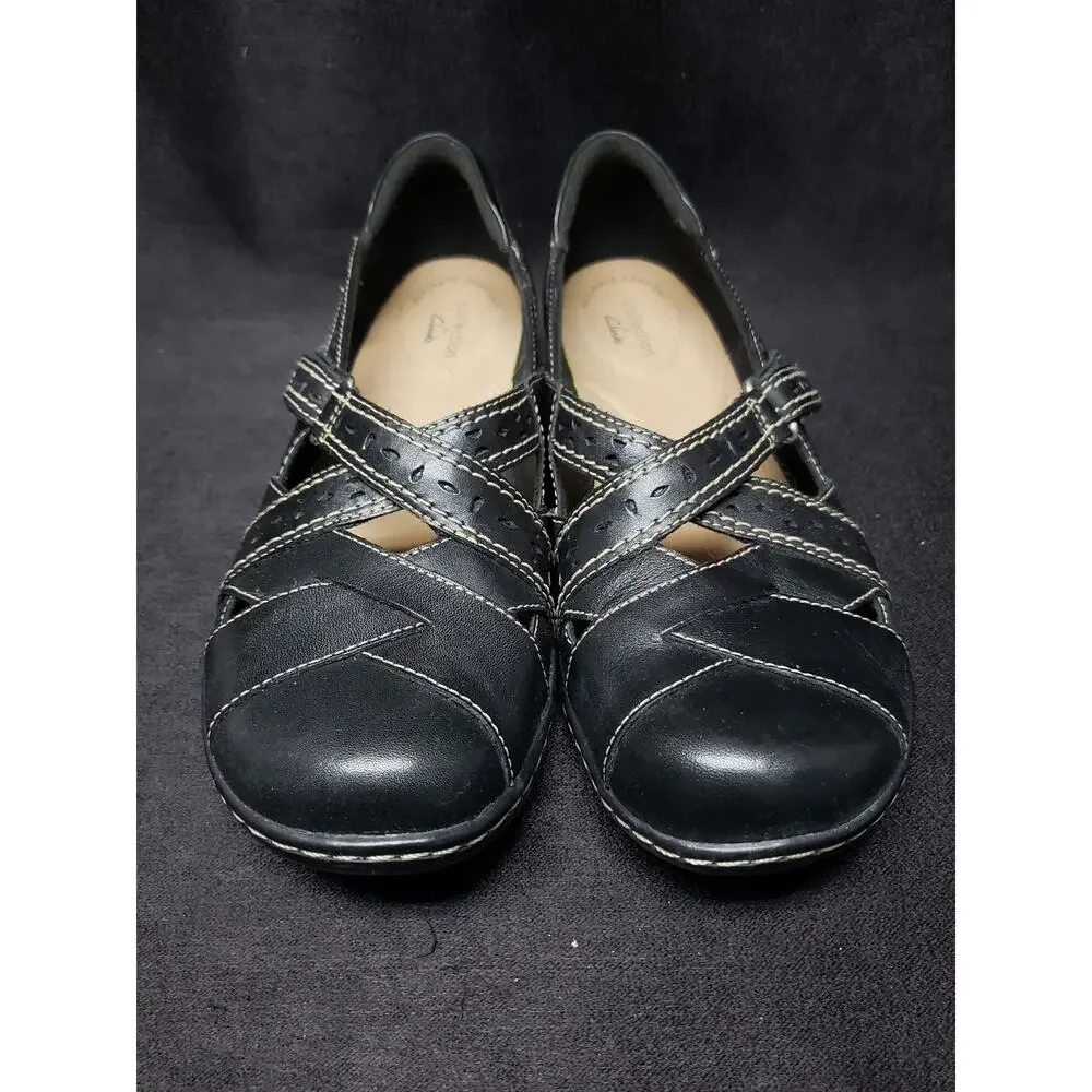 Clarks Ultimate Comfort Black Leather Mary Jane Loafers Adjustable Strap Shoes